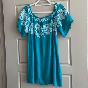 Izzy & Lola teal gauze off the shoulder embroidered dress (or top), gently used